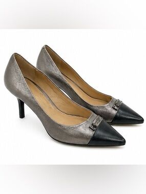 Coach Metallic Gray Pointed-Toe Kitten Heel Pumps with Black Cap Toe